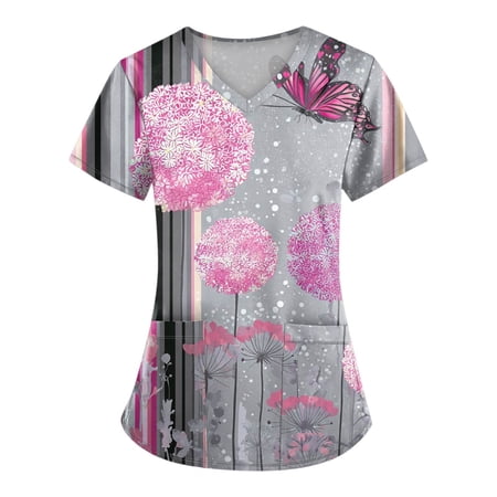 NAMTYQX Breast Cancer Shirts Stretch V-Neck Fashion Scrubs for Women Tops Light Gray Size 2XL