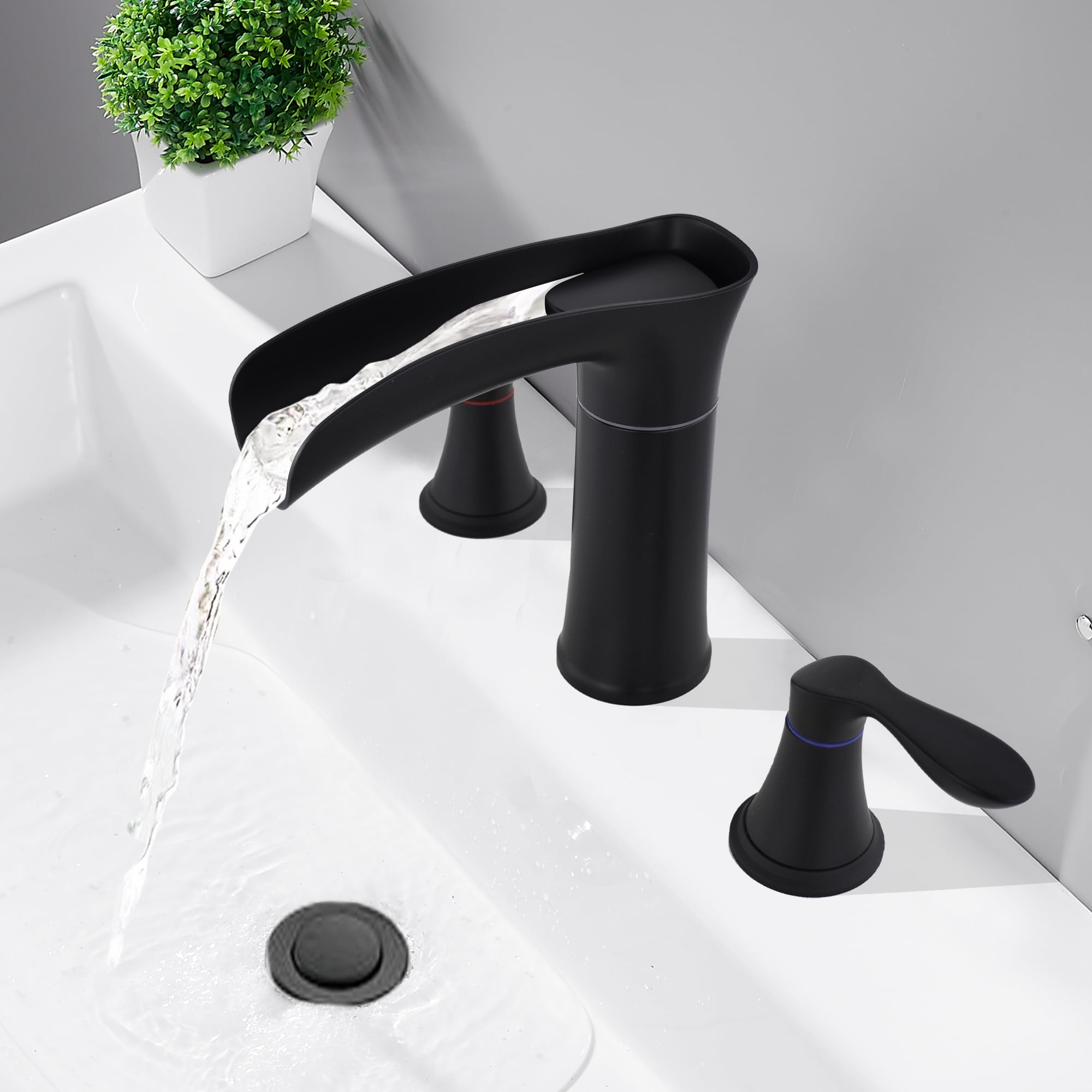 Sunrinx 8 Inch Bathroom Faucet Widespread 2-Handle Waterfall Sink Faucet Matte Black 360° Swivel 3 Hole with Pop Up Drain