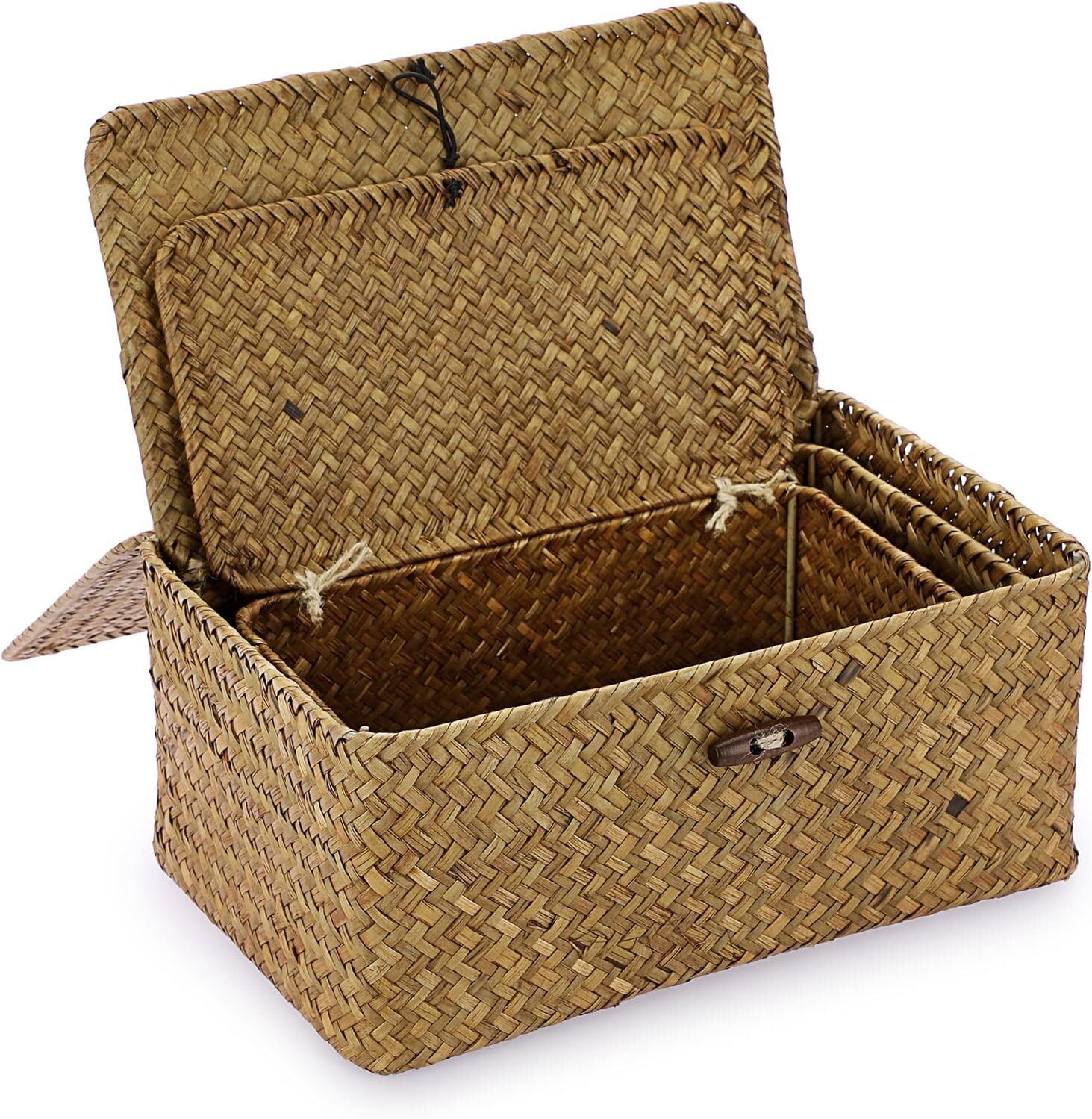 3 Pack Wicker Baskets with Lids, Nautral Seagrass Storage Baskets, Woven Rectangular Basket Bins, Rattan Storage Organizer for Shelf