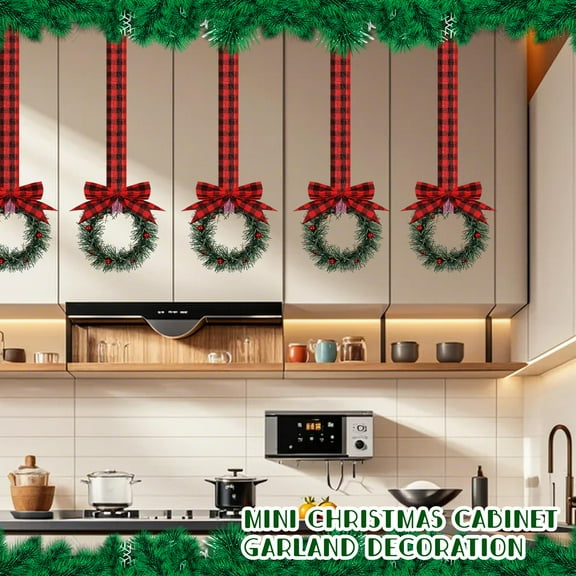 YIFUNIN Christmas Kitchen Cabinet Wreaths with Plaid Bow Ribbon, 12pc 3.94-Inch Mini Christmas Wreaths with Berries and Bow for Kitchen and Home Decor