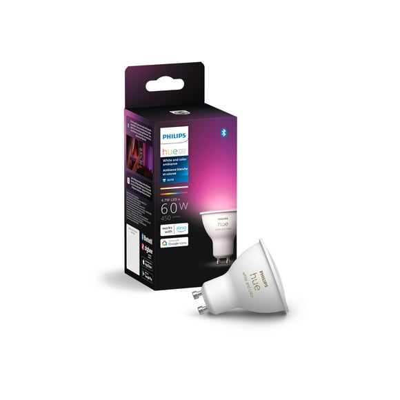 Philips Hue Smart 60W GU10 LED Bulb - White and Color Ambiance Color-Changing Light - 1 Pack - 400LM - Indoor - Control with Hue App - Works with Alexa, Google