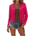 thumbnail image 2 of Ndbuld Chaquetas Mujer Women V Open Front Long Sleeve Studded Fringe Tassel Cropped Solid Casual Western Jacket Outerwear,Hot Pink,S, 2 of 7