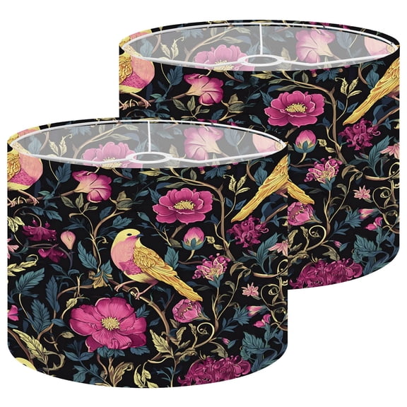 Chinoiserie Lampshades 2 Pack Floral Yellow Birds Pink Flowers Dark 13"x13"x10" Light Shade for Table Lamps Floor Lamp Shades Lampshade Replacement Easy Assembly Nature Botanical Decor