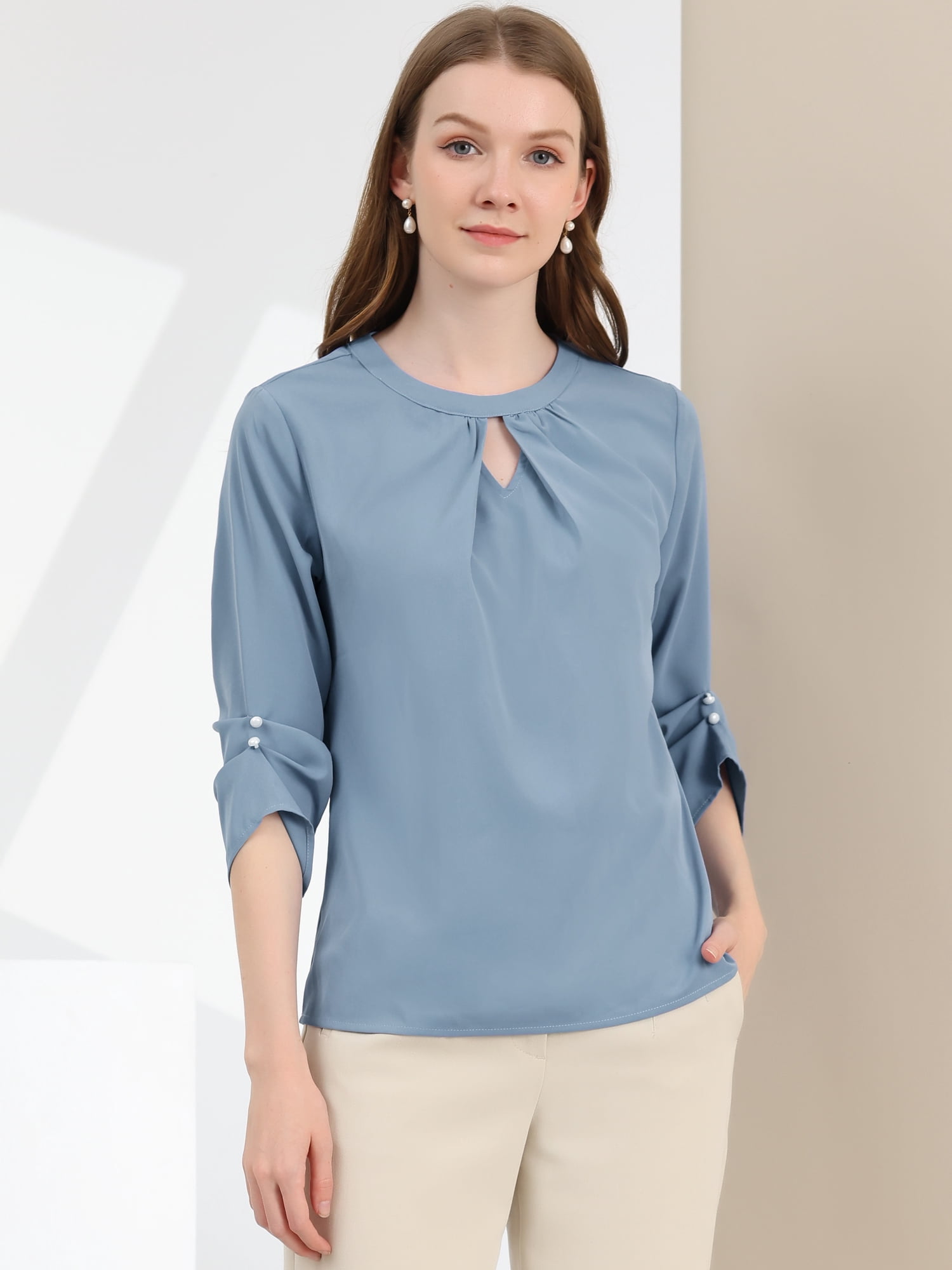 DARING DIVA Round Neck Keyhole Pleated Shirred Work Top S Grey Blue