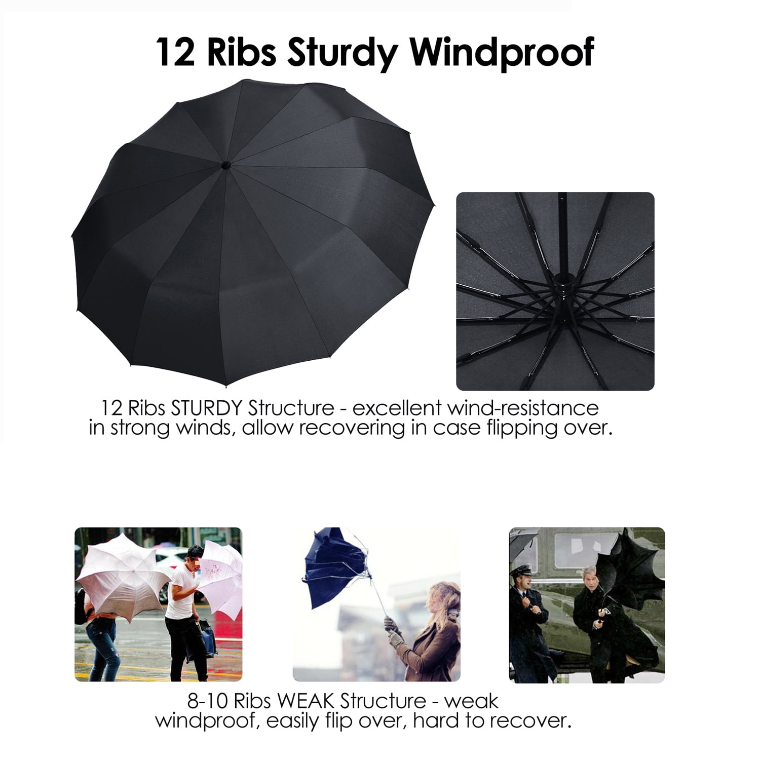 gastropod JIGUOOR 12 Ribs Wood Handheld Folding Umbrella Windproof Compact Travel,Auto Open/Close Large Rain Umbrellas w/Teflon Coating, Ergonomic Handle FREE Leather Case for Mens Women