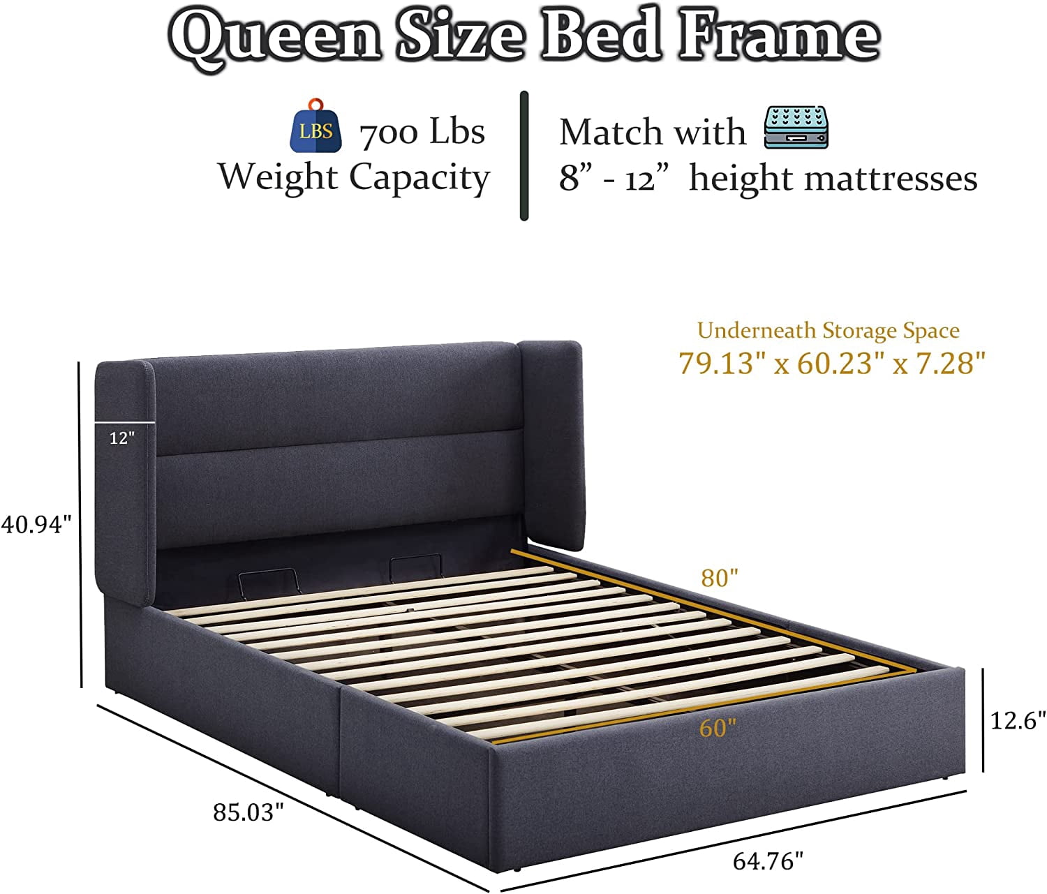 Relax & Rejuvenate Queen Size Lift up Storage Bed, Upholstered Platform Bed Frame with Modern Linen Fabric Wingback Headboard, Wood Slats Support, Noiseless, No Box Spring Needed, Dark Grey