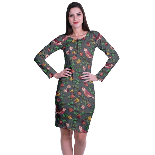 Moomaya Robe Moulante Imprimée pour Femmes à Manches Longues, Longueur Midi