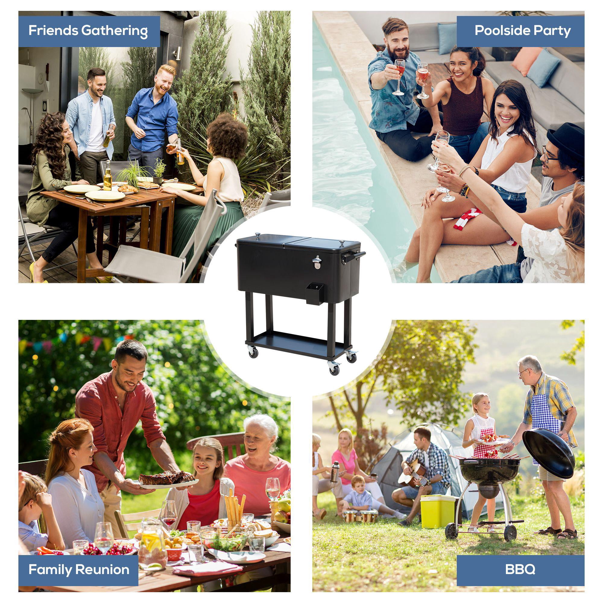 80 Quart Rolling Ice Chest Cooler Cart with Wheels Outdoor Party Drink Cooler Stand Up Black