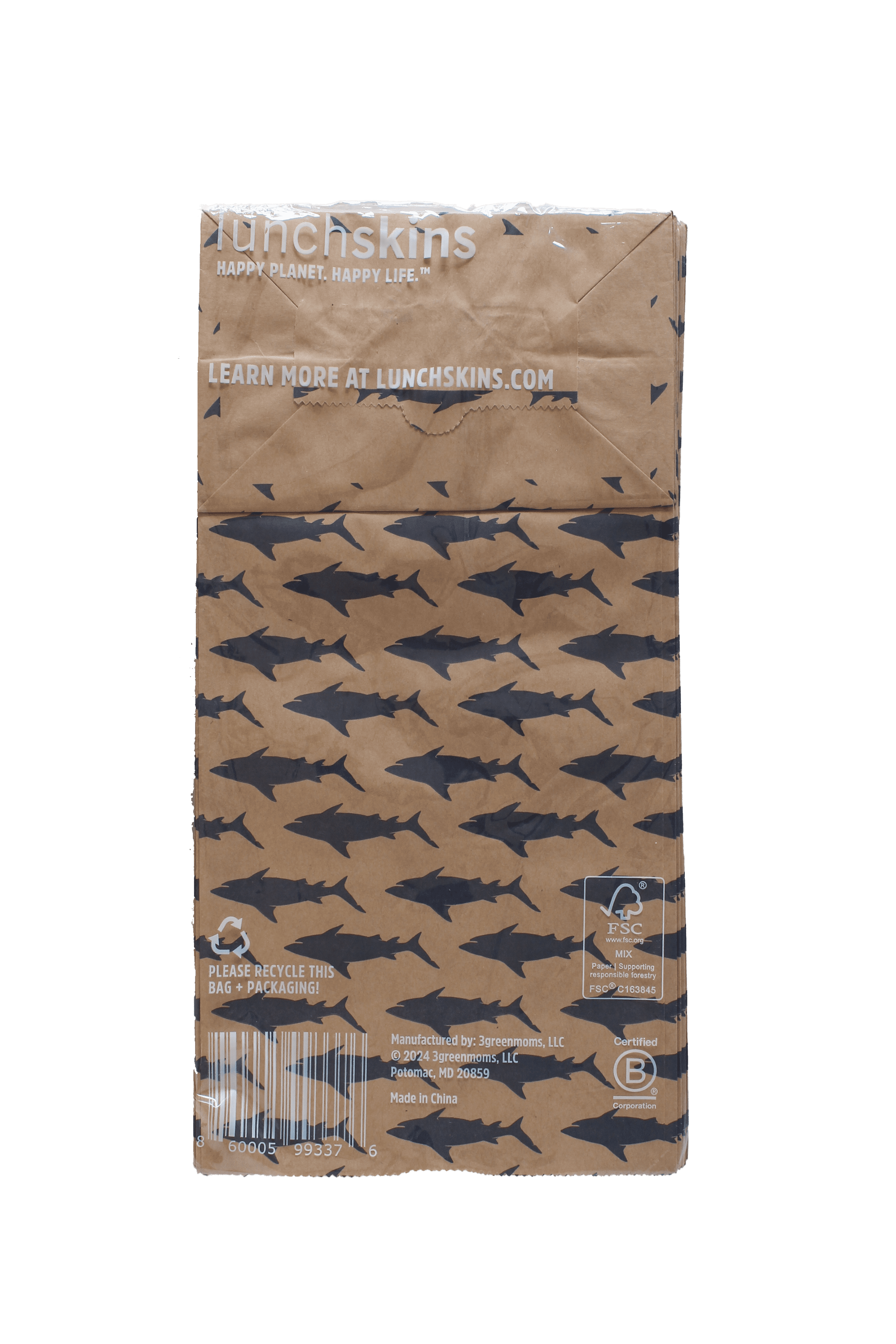 (12 pack) Lunchskins Compostable Large Paper Lunch Sacs – 50 Pack | Brown Kraft Paper Bags with Shark Print & Note Area | Eco-Friendly Lunch, Snack, and Treat Bags