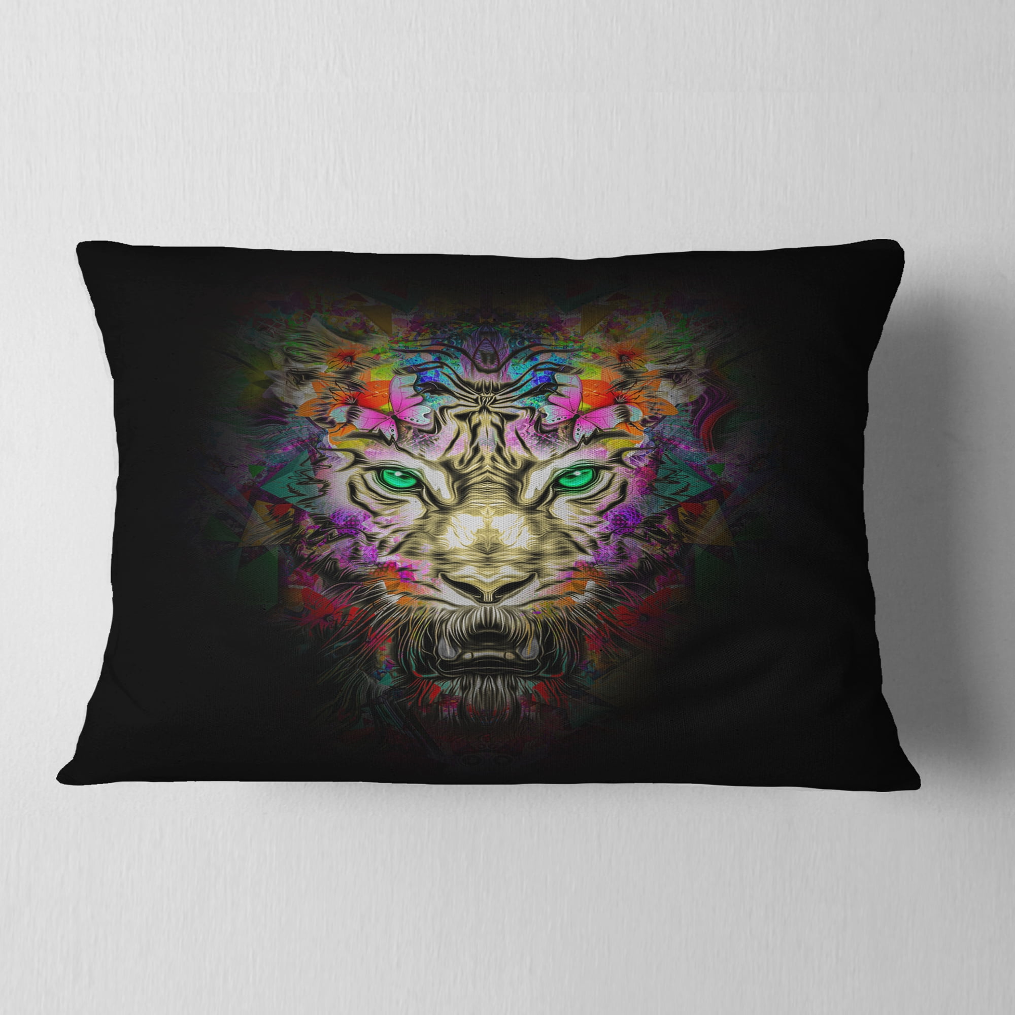 Designart Fierce Tiger Head on Black - Animal Throw Pillow - 12x20