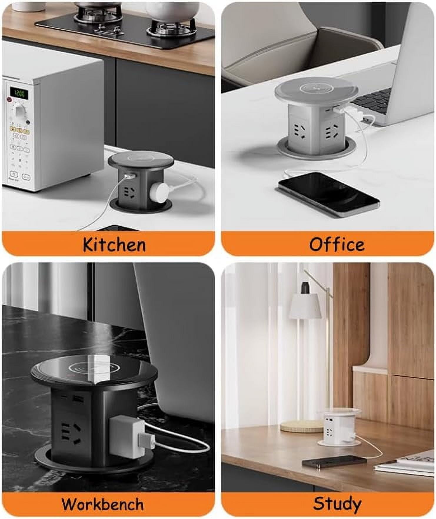 Pop Up Outlet, Automatic Hidden Power Strip with 15W Wireless Charger, 4 AC Outlets Plug with 2.1A USB and PD 20W Type-C Rapid Charge Stations for Countertop Kitchen Conference Workbench