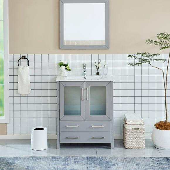 Vanity Art 30 in. W Single Sink Bathroom Vanity with Ceramic Top and Free Mirror