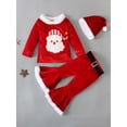 thumbnail image 3 of Christmas Kids Girls Clothes Outfits 1Y 2Y 3Y 4Y 5Y 6Y 7Y Letter/ Santa Print Long Sleeve Velvet Tops and Casual Flared Pants Hat Set, 3 of 10