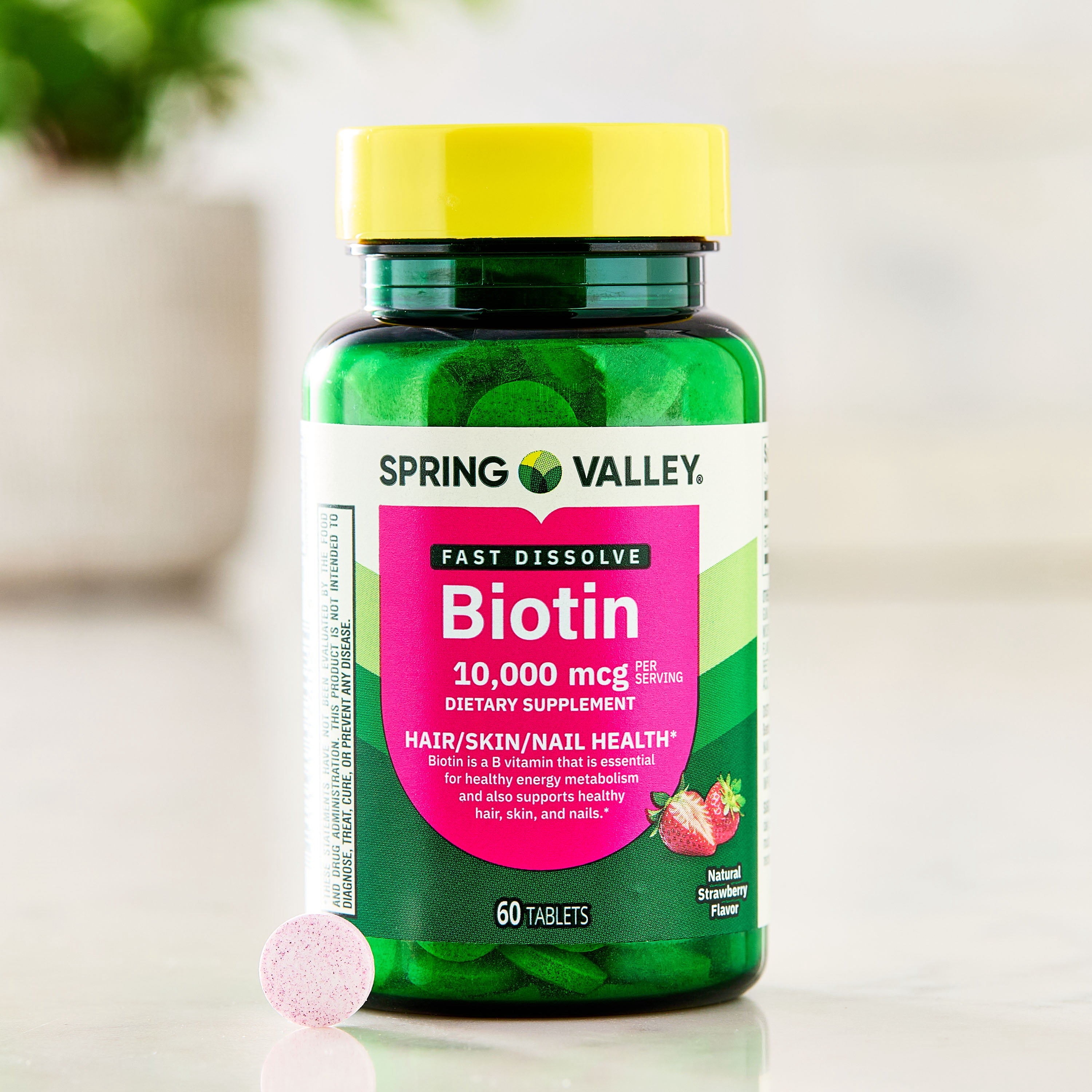 (3 pack) Spring Valley Fast-Dissolve Biotin Dietary Supplement Tablets for Hair/Skin/Nail Health, Strawberry Flavor, 10,000 mcg, 60 Count