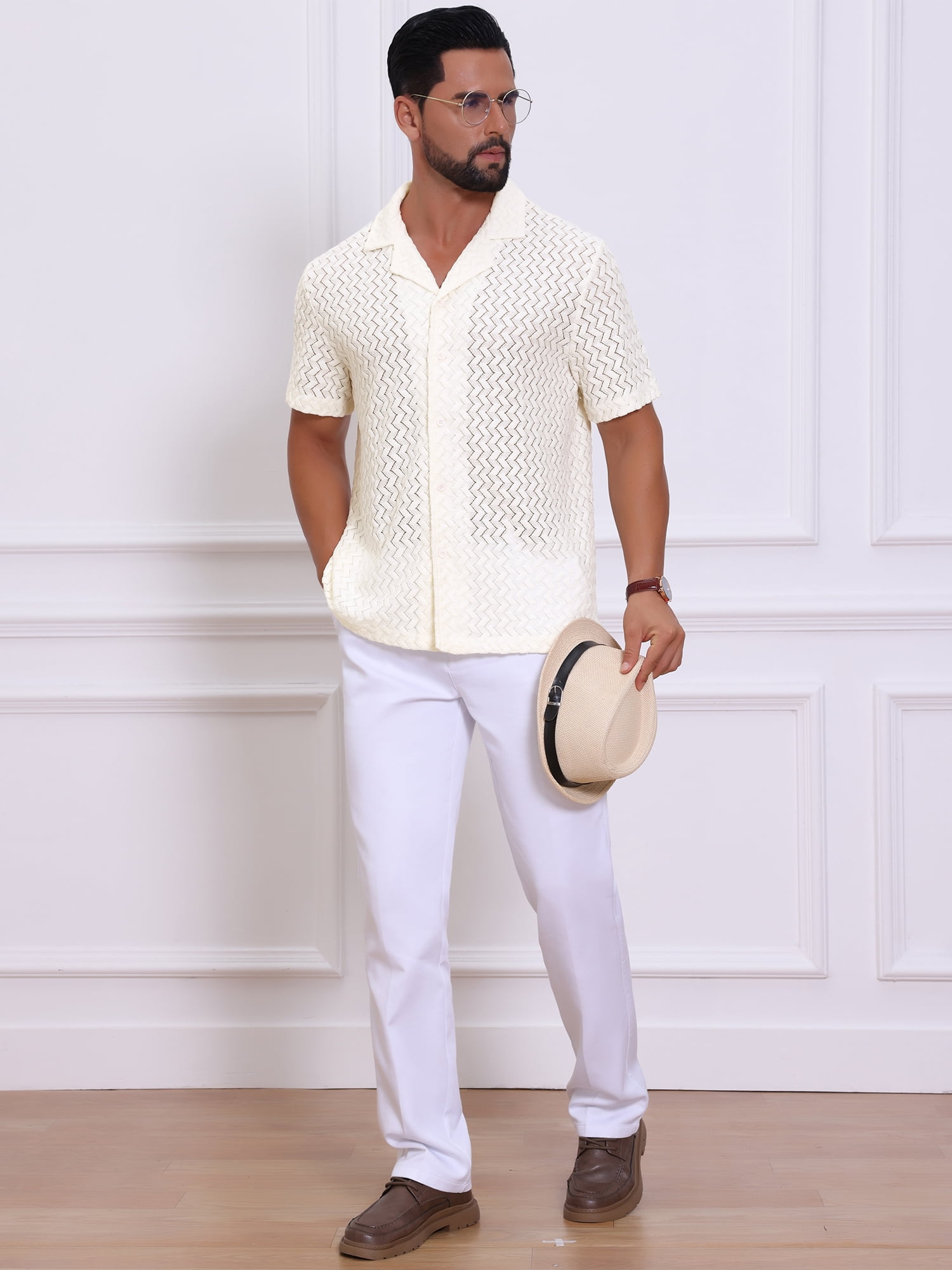 DARING DIVA Men's Hollow Jacquard Camp Collar Short Sleeve Beach Texture Shirts 2XL Beige