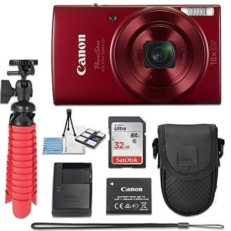 - Canon PowerShot ELPH 190 20 MP IS Digital Camera (Red) with 10x Optical Zoom Fixed Lens + 32GB Memory Card + Flexible Spider Tripod + Travel Camera Case + Point & Shoot Camera Accessories Bundle