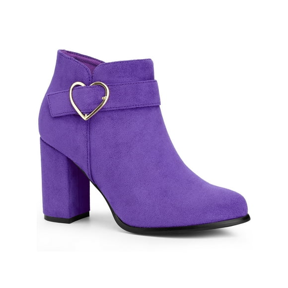 BLISSFUL STEP Women's Ankle Boots Chunky Block Heel Round Toe Heart Buckle Faux Suede Boots Dark Purple 7.5