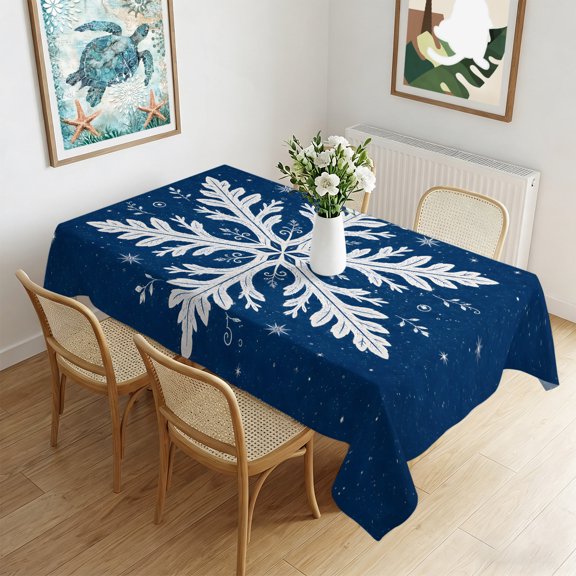 Waterproof Tablecloth Christmas Winter Snowflake Rectangle Table Cloth 60x84in,Wipeable Washable Table Cover Geometric Art on Blue Tablecloths for Dining Tables Kitchen Picnic Camping Outdoor Party