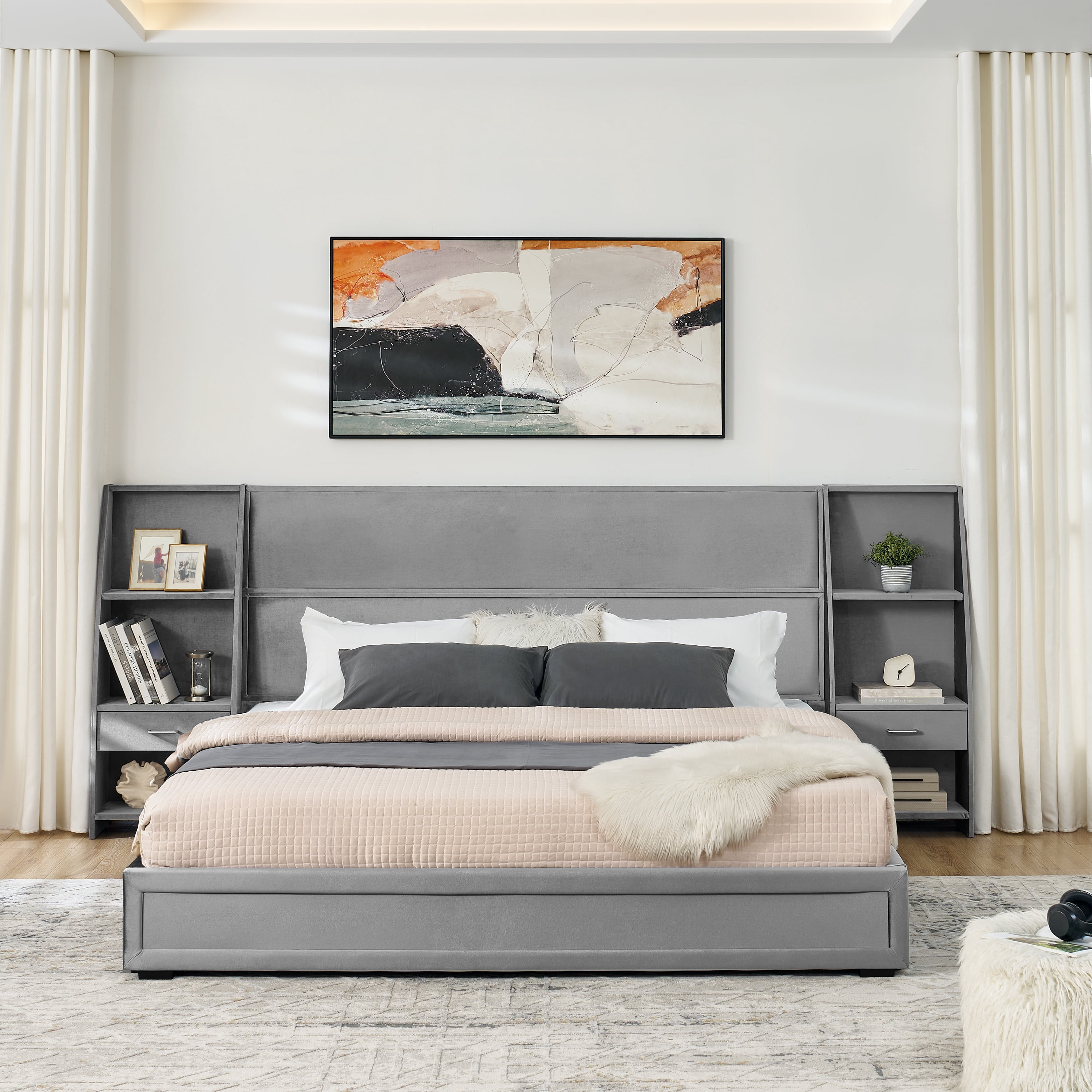 Howcool King Size Upholstered Platform Bed Frame with Storage Drawers,Glossy Velvet Headboard and Side Bookcases,Gray