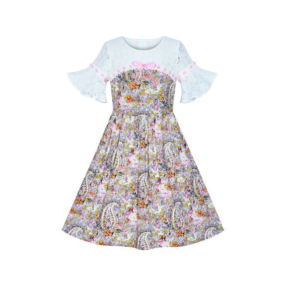 Girls Dress Lace Bell Sleeve Paisley Pattern Vintage 4 Years