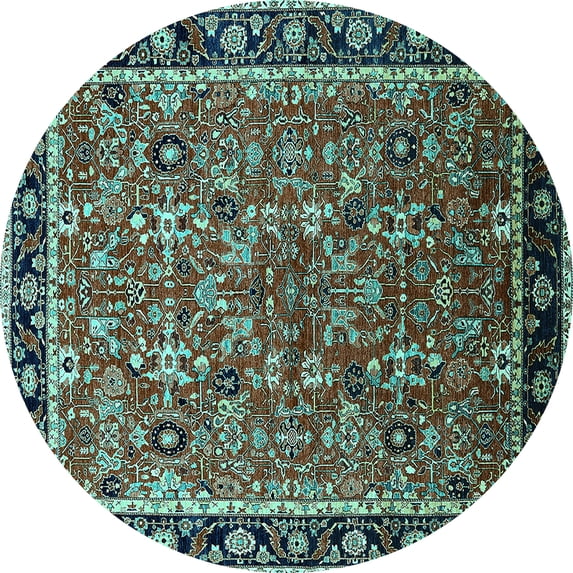 Ahgly Company Machine Washable Indoor Round Oriental Turquoise Blue Industrial Area Rugs, 5' Round