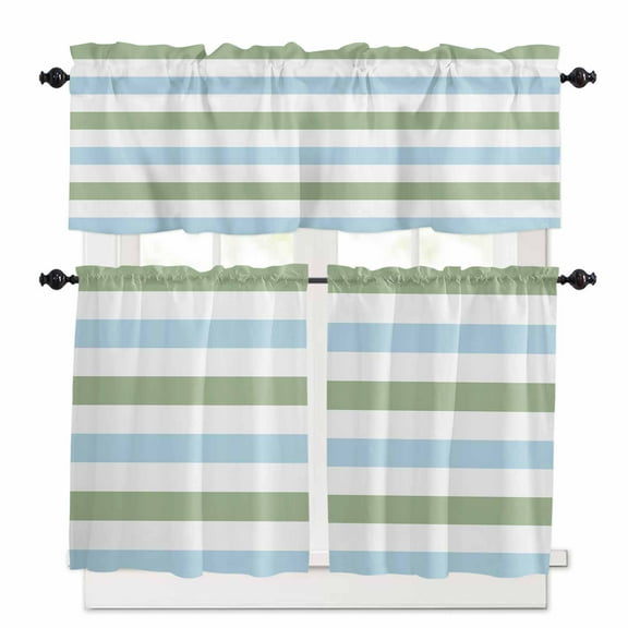 Sage Green Blue Striped Kitchen Curtains and Valances Set, 3 Piece Kitchen Curtains Set 24 Inch Length, Farmhouse Sage Green Stripes Rod Pocket Curtains Tier Farmhouse Window Curtains