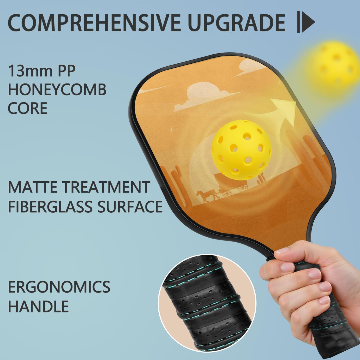 Pickleball Paddles Set Of 1, Fiberglass Surface, West & Cowboy Print, 1 Paddle, 2 Balls & Bag