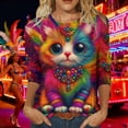 thumbnail image 7 of Ounisa 2025 Womens 3/4 Sleeve Tops Mardi Gras Outfit for Women Fashion Round Neck Clothes Cute Cat Printed Blouse, 7 of 7