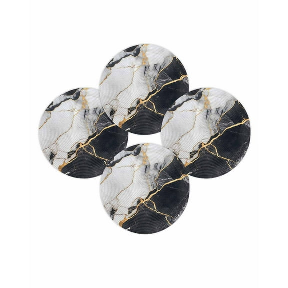 Round Placemats Set of 4 Black Abstract Marble Place Mats Washable Woven Placemat Gold White Modern Circle Braided Table Mat for Kitchen Dining Table Party Home Decor 15 Inch