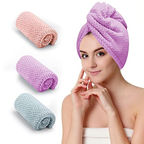 3 PCS Microfiber Hair Towel,Hair Wraps for Women Wet Hair,Fast Drying Hair Turban,Anti Frizz Head Towels Wrap for Curly Hair (Purple,Pink,Blue)