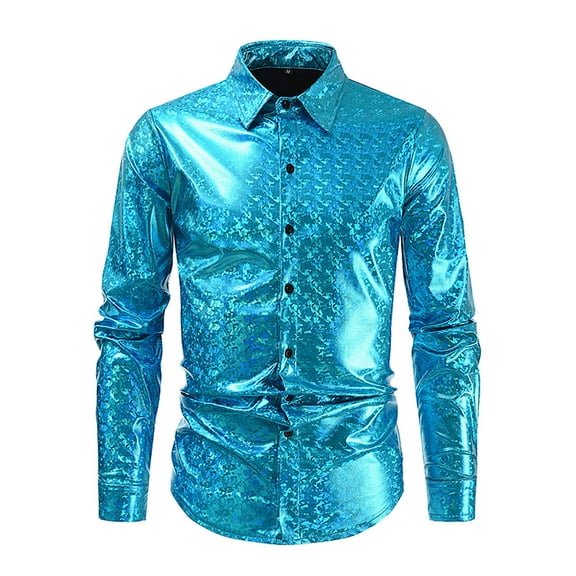 ZCFZJW Men's Dress Shirt Button Down Casual Sparkly Printed Long Sleeve Shirt Prom Wedding Regular Fit Button Up Shirt Blue XXL