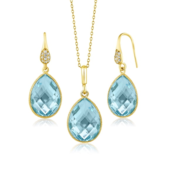 Gem Stone King 18K Gold Plated Silver Blue Topaz Pendant and Earrings Jewelry Set for Women (22.50 Cttw, 16X12MM Pear Shape, Gemstone Birthstone, with 18 inch Chain)