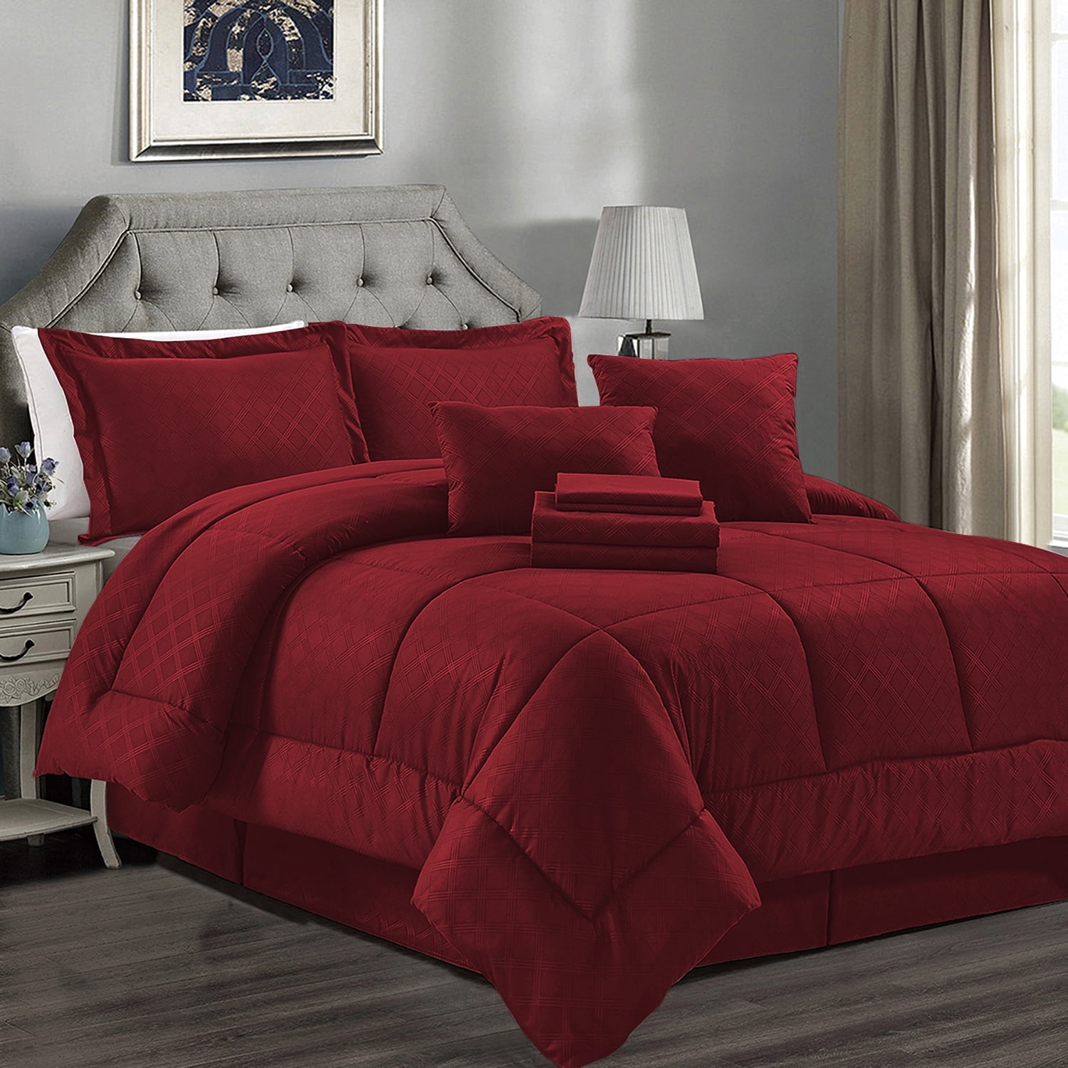 JML Burgundy Twin Comforter Set 10 Pieces Bedding Set Bed in a Bag with Comforters Sheets Bed Skirt Decorative Pillows Pillowcase Sham Walmart