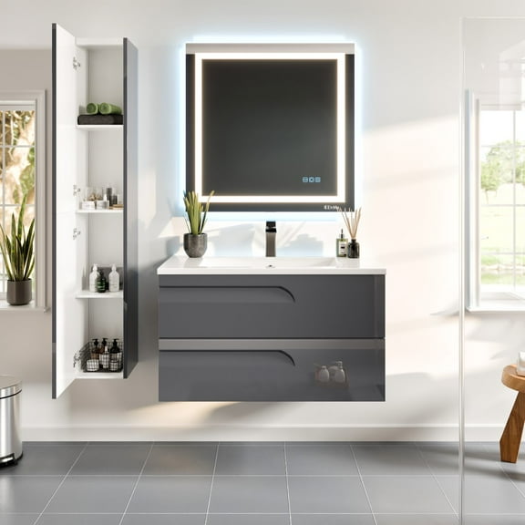 Eviva Joy 39"W x 18"D Gray Wall-mounted Bathroom Vanity with White Porcelain Integrated Sink Top