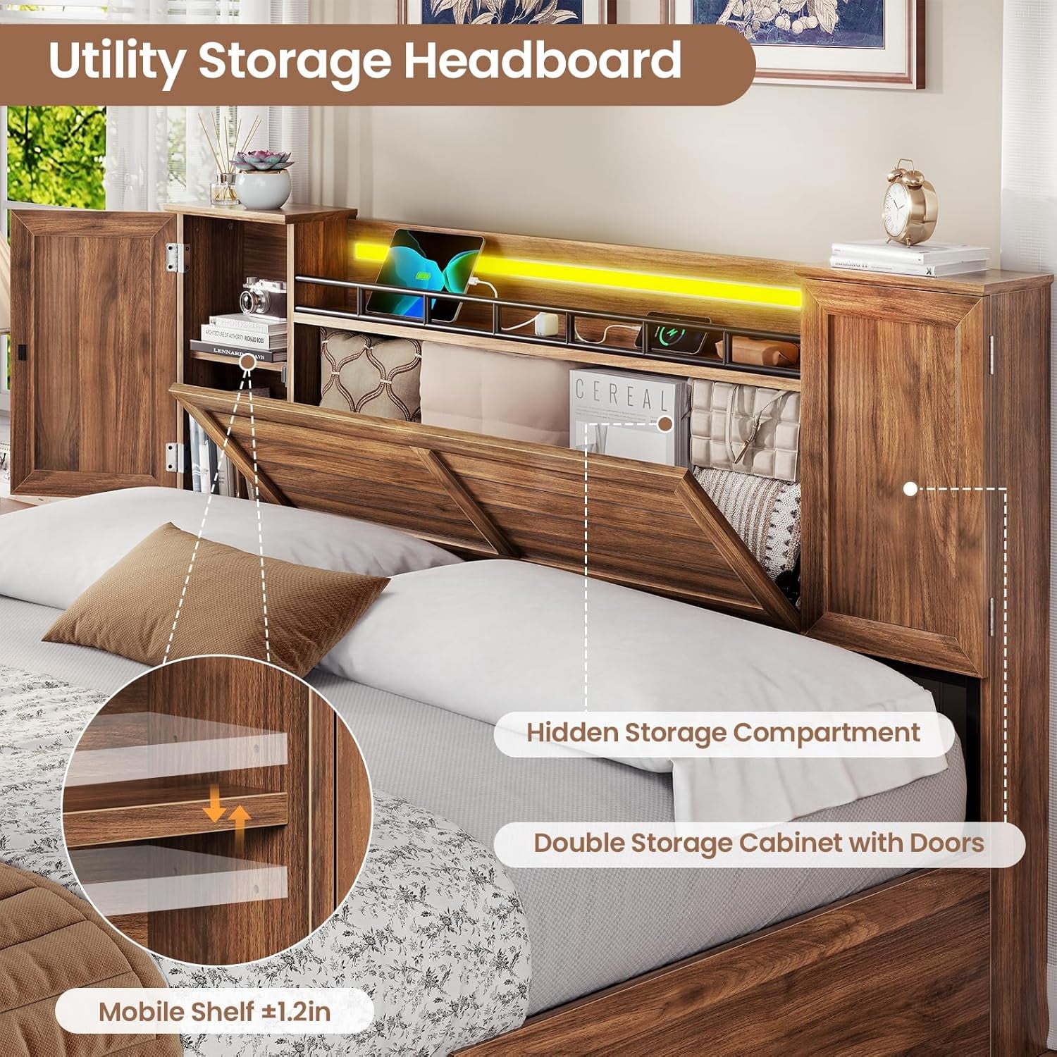 Farmhouse Bed Frame Queen Size with Headboard and Double Barn Door Storage Cabinets LED Rustic Wooden Bed with Charging Station and 4 Drawers Brown