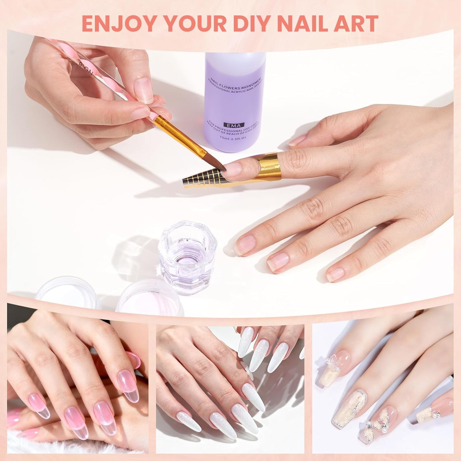 Nail Kit for Beginners with Everything: Practice Hand Acrylic Nail Set Professional Powder Drill Liquid Starter Kits with U V Lamp in Cosmetic Gift Bag for Women Salon Home (Pink)