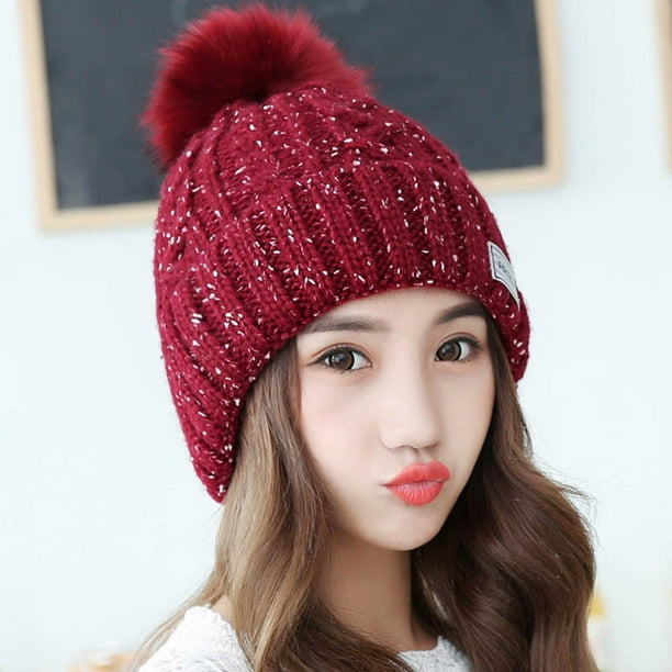 CEHVOM Keep Warm Winter Foldable Solid Women Knit Ladies Thick Hat 