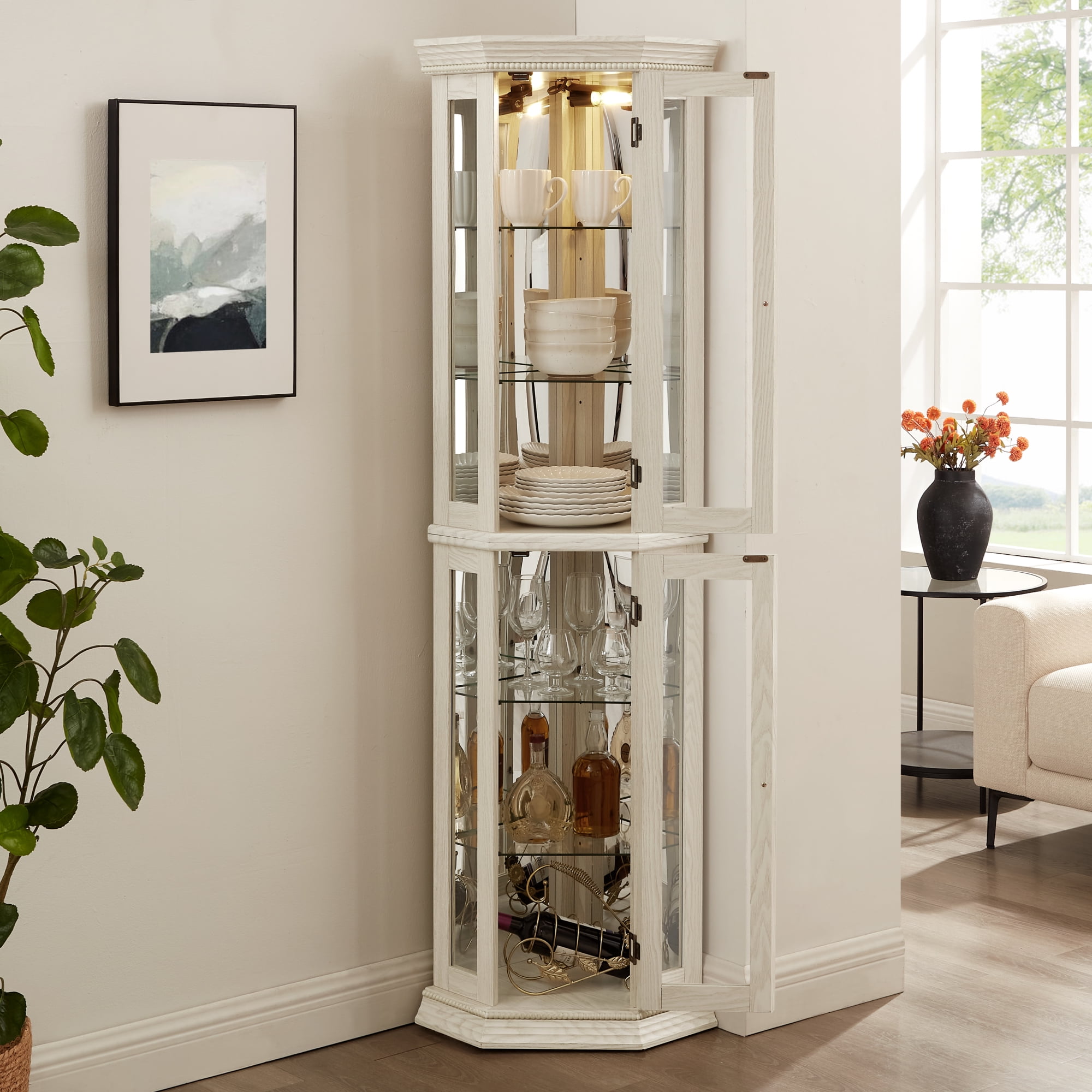 Leumius Corner Curio Display Cabinet, Glass Display Shelf Shelving Bar Cabinet with Tempered Glass Door, Bar Cabinet,Cabinet with Adjustable Shelf Glass Cabinet Shelves for Home Decor White