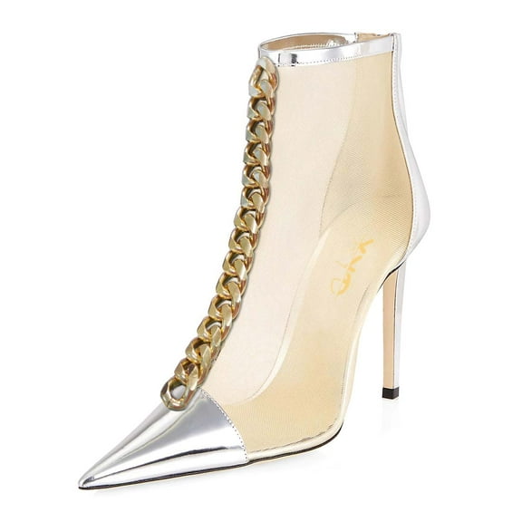 XYD Women Chic Pointy Close Toe Ankle Boots Golden Chain Mesh Stiletto High Heel Back Zip Bootie Dressy Shoes Size 7 Silver