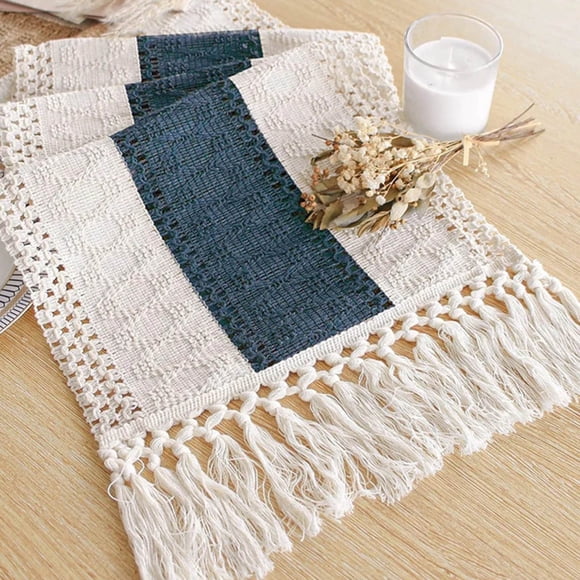 Decorative Table Banner Boho Navy Runner with Tassels for Parties and Weddings - Farmhouse Table Runner for Bohemian Bridal Showers Dining