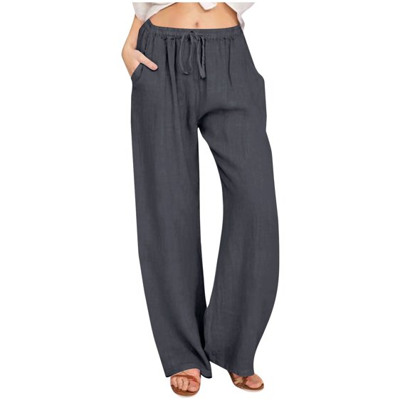 Tnhcen Women's Wide Leg Drawstring Pants Pre-Shrunk Wrinkle-Free Cotton-Like Casual Trousers with Elastic Waist & Pockets for Beach/Gym/Everyday 3XL-4XL