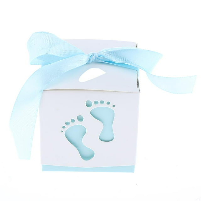 Paquete de 50 cajas de dulces de papel con huellas de bebé para de revelación de género Azul claro