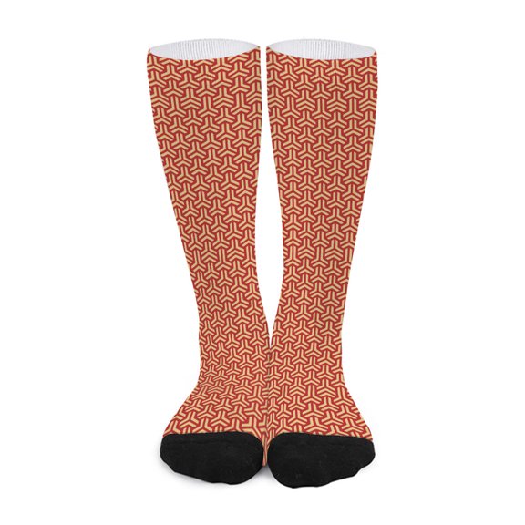 DIQADILA Beige and Red Japanese Pattern Print Long Socks