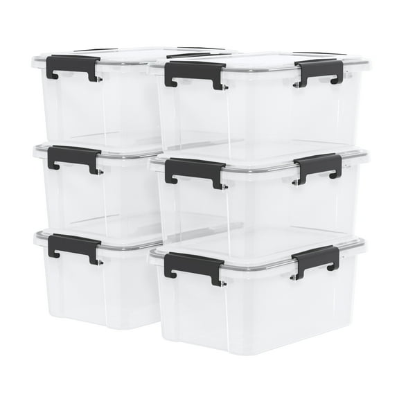 12 Quart Clear Plastic Storage Box with Gasket Seal Lid, Set of 6 Stackable Plastic Storage Bins with Secure Latching Buckles