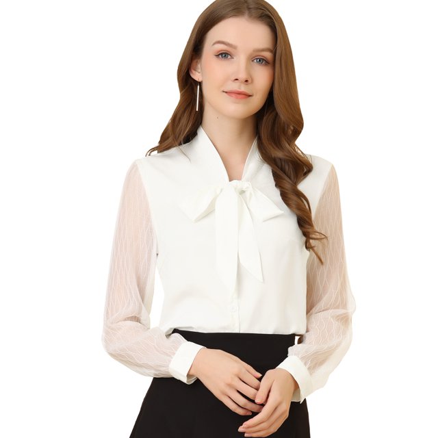 Blusa Allegra K De Manga Larga Gasa Cuello Anudado Blanco XL