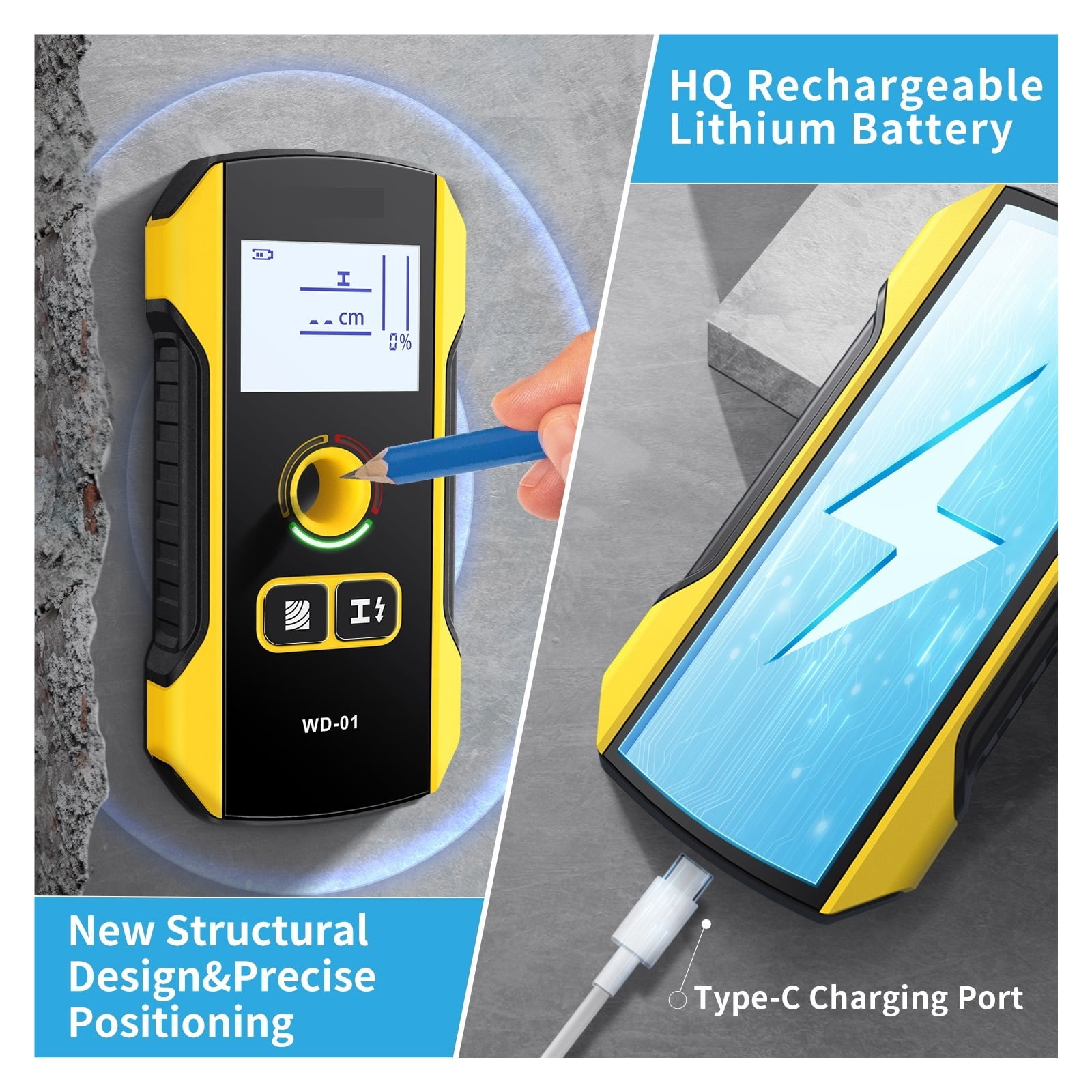 Metal Detector Wall Scanner with Designed Positioning Hole for AC Live Cable Wires Metal Wood Stud