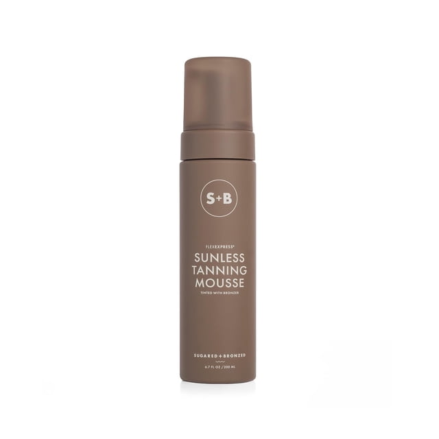 Mousse bronceador sin sol azucarado + bronceado – Fórmula FlexExpress autobronceador para cuerpo, ligero y no graso, brillo natural, sin parabenos, bronceado de larga duración, de secado rápido, se ad