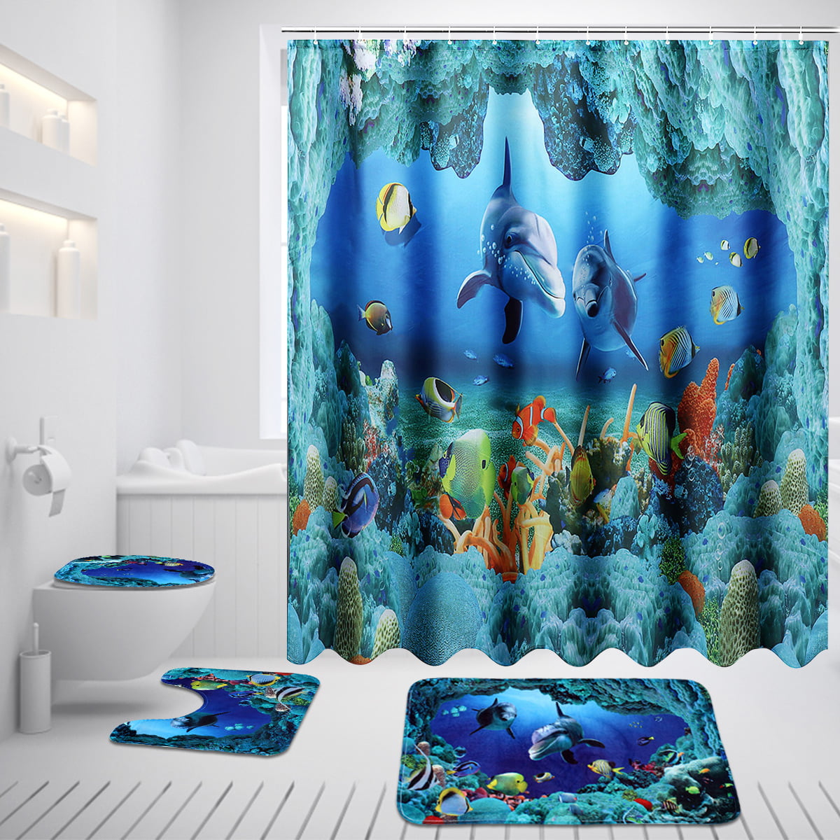 US Dolphin Ocean Shower Curtain Anti-slip Bath Mat Lid Toliet Pedestal Rug Cover 