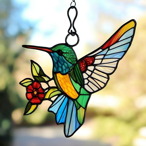 Stained Glass Window Pendant, Hummingbird Design, Handcrafted Glass, Lightweight Frame, for Home Decor, Window Hanging, Artistic Accent, Glass Craft, Wall Art, Interior Decoration JACSZPA
