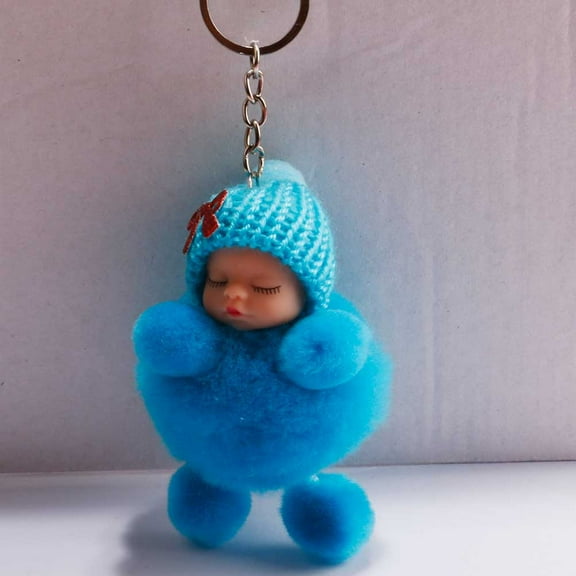 Worgeous 1pc Sleeping Baby Doll Keychain Fluffy Keyring Hanging Pendant Gift Bow-knot Pattern(Blue)